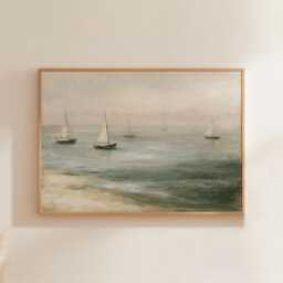 Sailboat Seascape Poster, Blue Coastal Wall Art, Nautical Painting - thumbnail 1