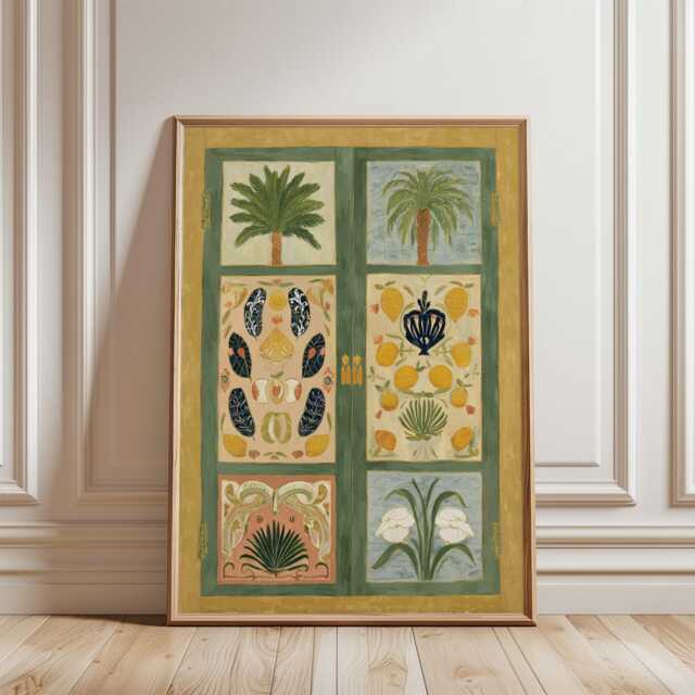 Green Yellow Botanical Door Poster - Folk Floral Panel Art Decorative Wall Print - image 1