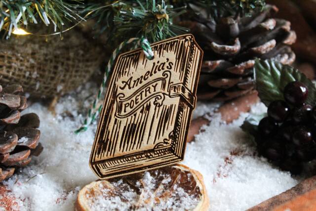 Personalised Poetry Book Christmas Ornament Poet Name Writer Lover Wood Bauble Laser Engraved Rustic Wooden Tree - image 1