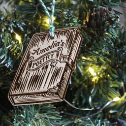 Personalised Poetry Book Christmas Ornament Poet Name Writer Lover Wood Bauble Laser Engraved Rustic Wooden Tree - thumbnail 3