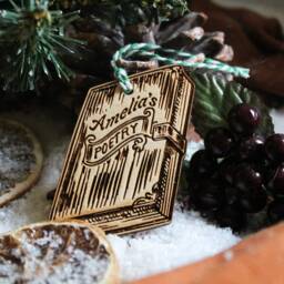 Personalised Poetry Book Christmas Ornament Poet Name Writer Lover Wood Bauble Laser Engraved Rustic Wooden Tree - thumbnail 2