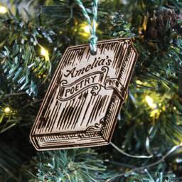 Personalised Poetry Book Christmas Ornament Poet Name Writer Lover Wood Bauble Laser Engraved Rustic Wooden Tree - thumbnail 4