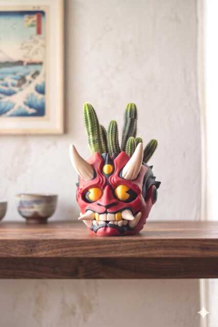 Oni Mask Succulent Planter - Japanese Demon Plant Pot 3D Printed Samurai Decor Hannya Cactus Edgy Desk Accessory - image 1