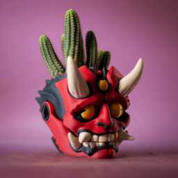Oni Mask Succulent Planter - Japanese Demon Plant Pot 3D Printed Samurai Decor Hannya Cactus Edgy Desk Accessory - thumbnail 4
