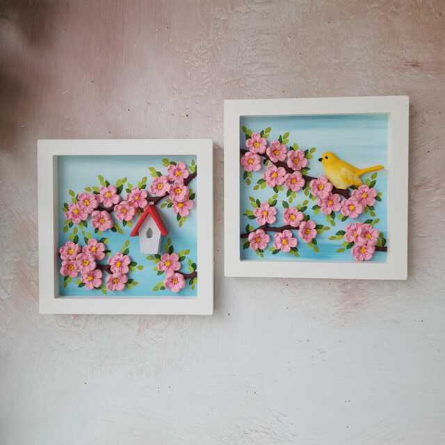 3D Ceramic Flower Wood Frame Set Of 2, Cherry Blossom Wall Art, Handmade Bird & Birdhouse Clay Decor, Small Square Floral Gift, 6x6 Inches - image 1