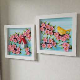 3D Ceramic Flower Wood Frame Set Of 2, Cherry Blossom Wall Art, Handmade Bird & Birdhouse Clay Decor, Small Square Floral Gift, 6x6 Inches - thumbnail 2