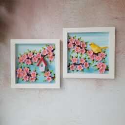 3D Ceramic Flower Wood Frame Set Of 2, Cherry Blossom Wall Art, Handmade Bird & Birdhouse Clay Decor, Small Square Floral Gift, 6x6 Inches - thumbnail 1