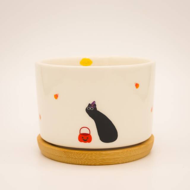 Cute Black Cat & Pumpkin Lantern 3.15'' Succulent Pot, Ceramic Planter, Funny Small Plant Pot With Bamboo Tray, Cactus Gift - image 1