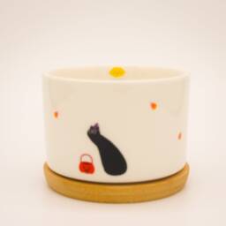 Cute Black Cat & Pumpkin Lantern 3.15'' Succulent Pot, Ceramic Planter, Funny Small Plant Pot With Bamboo Tray, Cactus Gift - thumbnail 3