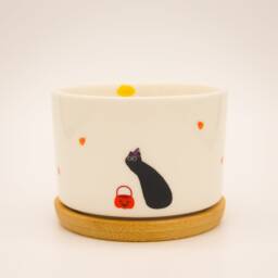 Cute Black Cat & Pumpkin Lantern 3.15'' Succulent Pot, Ceramic Planter, Funny Small Plant Pot With Bamboo Tray, Cactus Gift - thumbnail 1