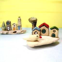 Miniature Clay Village Sculpture Ceramic Bird & Rustic Tiny House Decor - thumbnail 4
