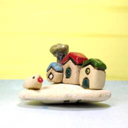 Miniature Clay Village Sculpture Ceramic Bird & Rustic Tiny House Decor - thumbnail 3