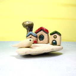 Miniature Clay Village Sculpture Ceramic Bird & Rustic Tiny House Decor - thumbnail 2