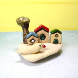 Miniature Clay Village Sculpture Ceramic Bird & Rustic Tiny House Decor - thumbnail 1