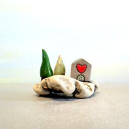 Ceramic Miniature House Sculpture, Beach Stone Art, Israel - thumbnail 2