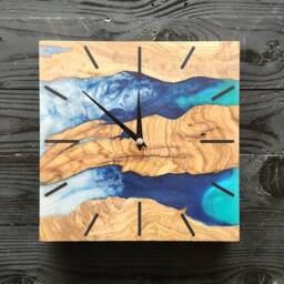 Custom Square Olive Wood Wall Clock Epoxy Resin Art - thumbnail 2