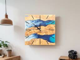 Custom Square Olive Wood Wall Clock Epoxy Resin Art