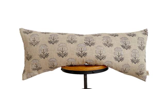 Block Print Linen Lumbar Pillow Cover Gray Floral Design - image 1