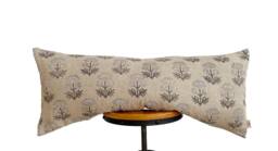 Block Print Linen Lumbar Pillow Cover Gray Floral Design - thumbnail 1