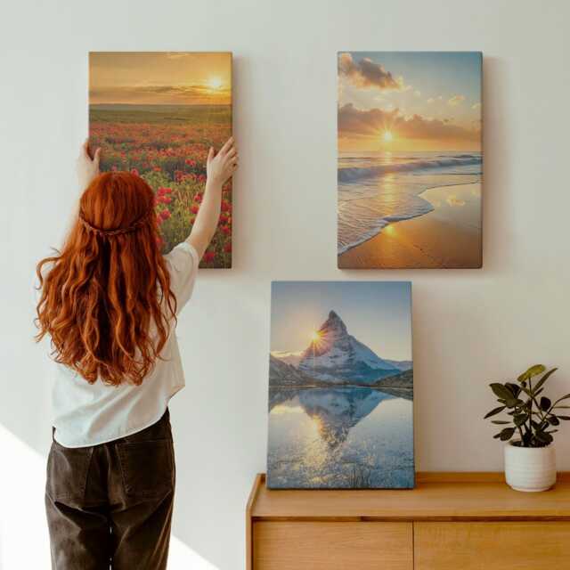 Canvas Art Set Of 3 - Mountain & Seaside Landscapes With Sunsets, Yellow Wall Art, Decor - image 1