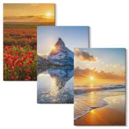 Canvas Art Set Of 3 - Mountain & Seaside Landscapes With Sunsets, Yellow Wall Art, Decor - thumbnail 2