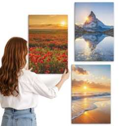 Canvas Art Set Of 3 - Mountain & Seaside Landscapes With Sunsets, Yellow Wall Art, Decor - thumbnail 3