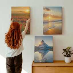 Canvas Art Set Of 3 - Mountain & Seaside Landscapes With Sunsets, Yellow Wall Art, Decor