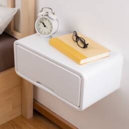 Modern Minimal Floating Wooden Nightstand With Drawer - Handcrafted Bedside Table White Style Hardware Included - thumbnail 2
