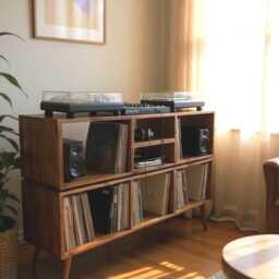 Vinyl Records Storage Cabinet - Record Player Stand With Amp Shelf -Solid Wood Media Console Table Lp Unit Dj Booth Shelves - thumbnail 2