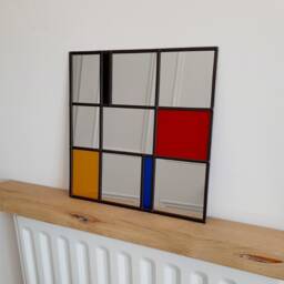 Piet Mondrian Style Stained Glass Effect Mirror With Darkened Lead 30x30cm Handmade Gift Wall Catfish Glass Art Deco Mirror - thumbnail 3