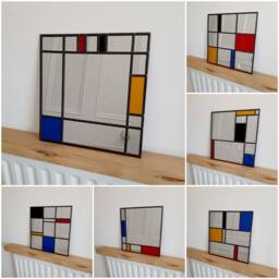Piet Mondrian Style Stained Glass Effect Mirror With Darkened Lead 30x30cm Handmade Gift Wall Catfish Glass Art Deco Mirror