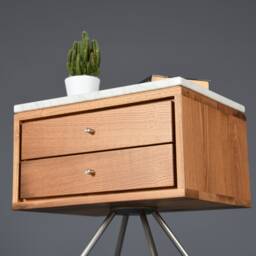 Mid Century Nightstand With Two Drawer in Old Wood & Carrara Marble Top/Handmade Bedroom Furniture - thumbnail 2
