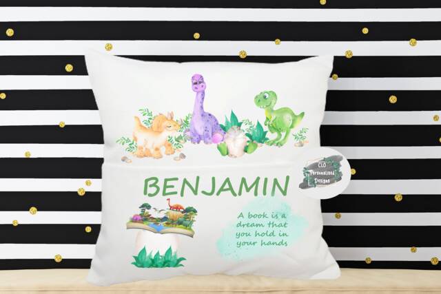Personalised Dinosaur Pocket Book Cushion, Kids Reading Pillow - image 1