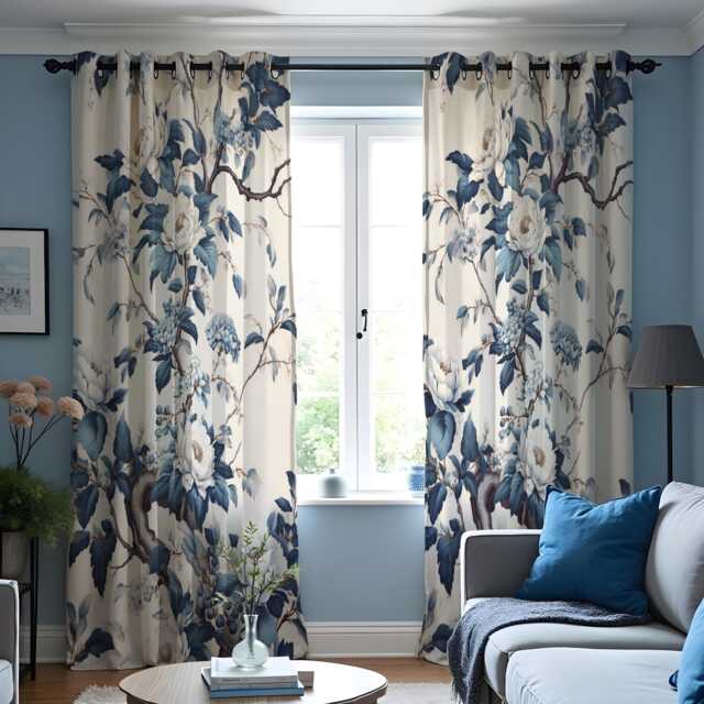 Blue Floral Curtains, Botanical Drapes With White Peonies, Chinoiserie Style Window Panels - image 1