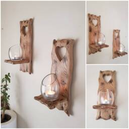 Rustic Oak Sconces With Heart Cut Out Detail . Pair Of Handmade Waxed Finish .size 30 X 12 cm Candles/Glass Not Inc - thumbnail 1