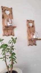 Rustic Oak Sconces With Heart Cut Out Detail . Pair Of Handmade Waxed Finish .size 30 X 12 cm Candles/Glass Not Inc - thumbnail 3