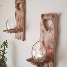 Rustic Oak Sconces With Heart Cut Out Detail . Pair Of Handmade Waxed Finish .size 30 X 12 cm Candles/Glass Not Inc - thumbnail 2