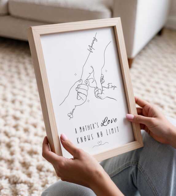 Personalised Mum & Children Line Art Print, Minimalist Family Hands Keepsake, Birthday Gift - image 1