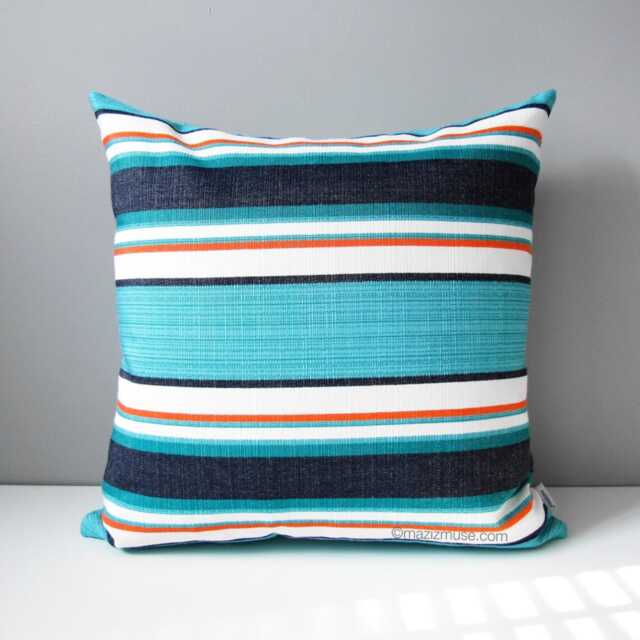 Striped Sunbrella Outdoor Pillow Cover With Turquoise, Navy Blue & Melon Stripes For Patio & Pool Loungers, Token Cushion Cover, Mazizmuse - image 1