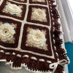 Crocheted Rose Afghan Cream, Ivory, & Brown Throw Blanket - thumbnail 3