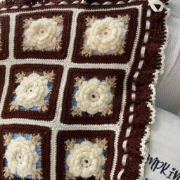 Crocheted Rose Afghan Cream, Ivory, & Brown Throw Blanket - thumbnail 4