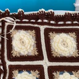 Crocheted Rose Afghan Cream, Ivory, & Brown Throw Blanket - thumbnail 2