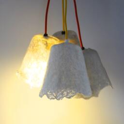 Handfelted Lampshade, Lamp, White Hanging Felted Natural Wool & Lace Fabric. Pendant Light - thumbnail 3