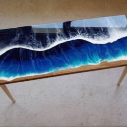 Ocean Wave Resin Side Table, Beach Themed Wood Accent Table - thumbnail 2