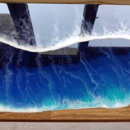 Ocean Wave Resin Side Table, Beach Themed Wood Accent Table - thumbnail 3