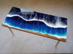 Ocean Wave Resin Side Table, Beach Themed Wood Accent Table
