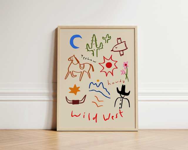 Wild West Print, Nursery Bedroom Art, Illustration Wall Cowboy Decor, Kids Room, Play Unframed - image 1