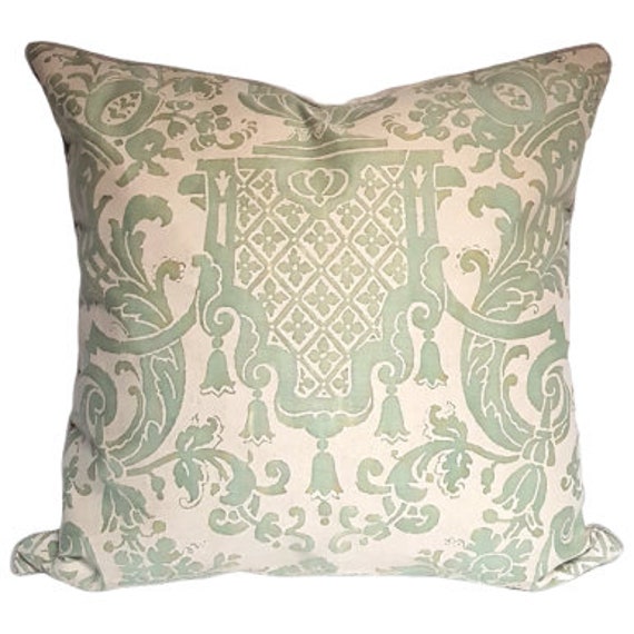 Fortuny Fabric Throw Pillow Cushion Case Celadon Green & Beige Carnavalet Pattern - Made in Italy - image 1