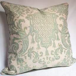 Fortuny Fabric Throw Pillow Cushion Case Celadon Green & Beige Carnavalet Pattern - Made in Italy - thumbnail 2