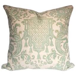 Fortuny Fabric Throw Pillow Cushion Case Celadon Green & Beige Carnavalet Pattern - Made in Italy - thumbnail 1